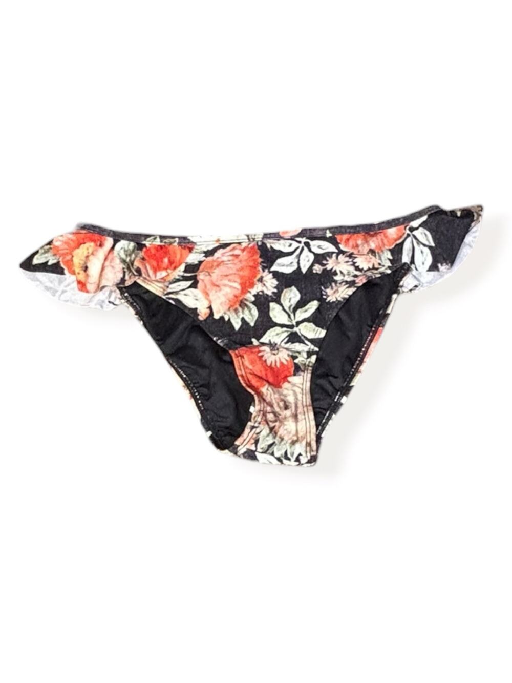 Chelsea & Violet Floral Bikini Bottoms Black Ruffle Sides New Flirty Beachwear